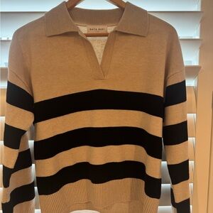 Bella Dahl Women’s Tan and Black Wide-Stripe V-Neck Polo Sweater